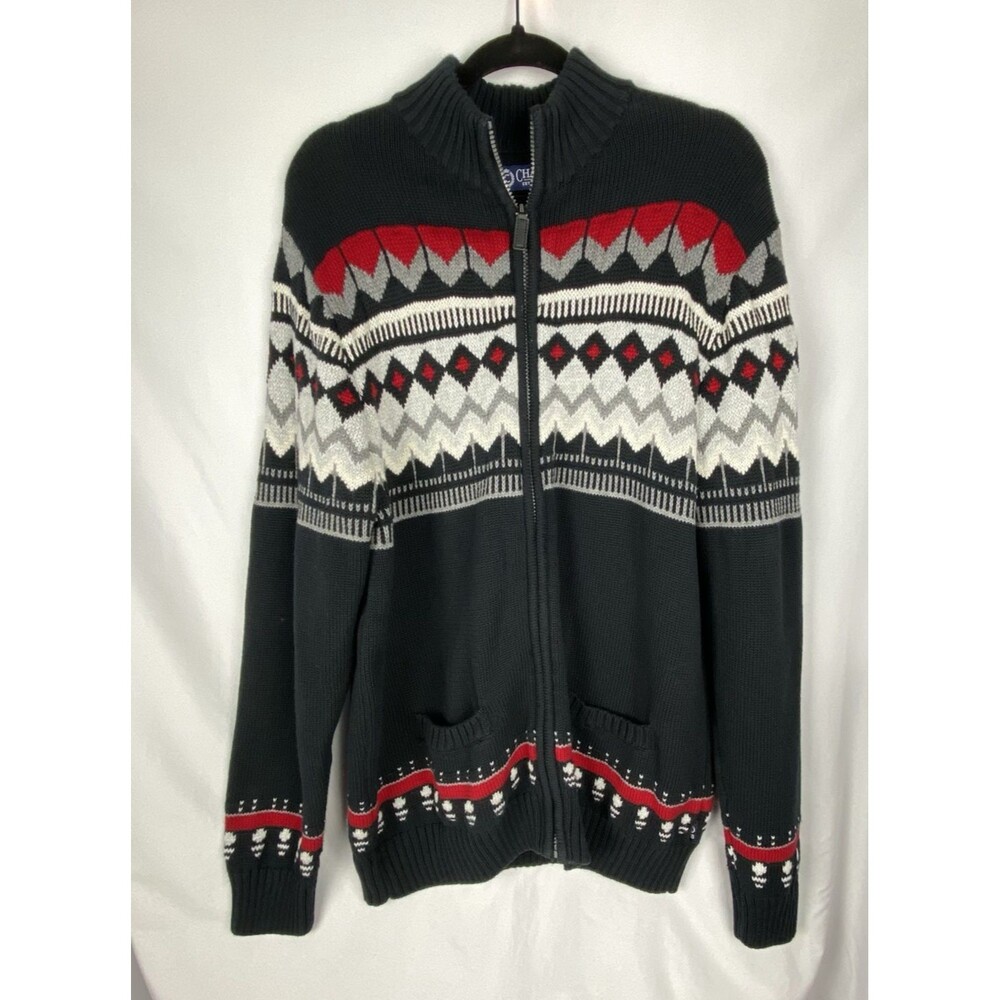 CHAPS Ralph Lauren Cardigan Sweater Mens L Fair Isle Full Zip Mock Neck Nordic‎